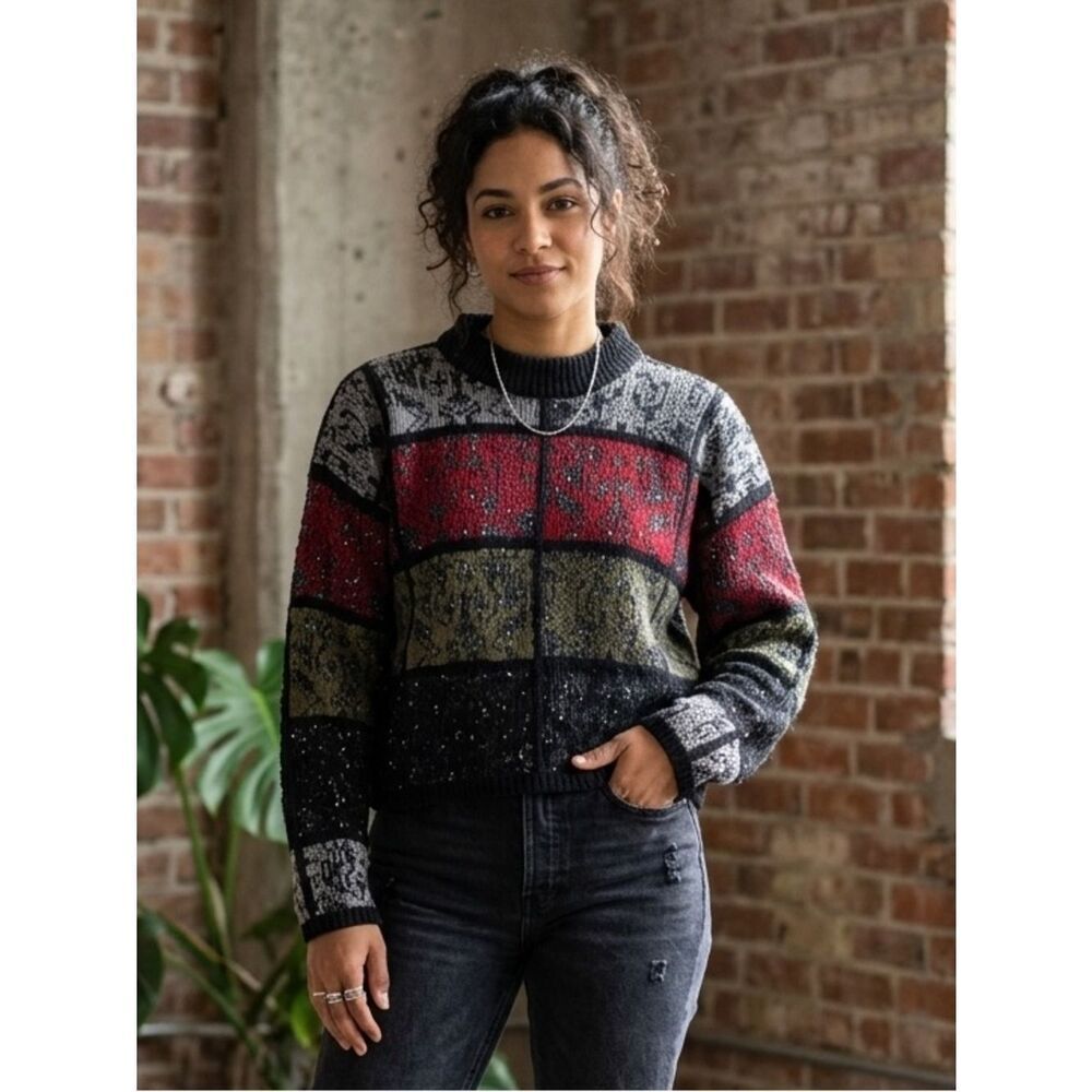 Take 50% OFF- Gil AimbezColorblock Crewneck Sweater - Black, Red & Olive, Sz-S